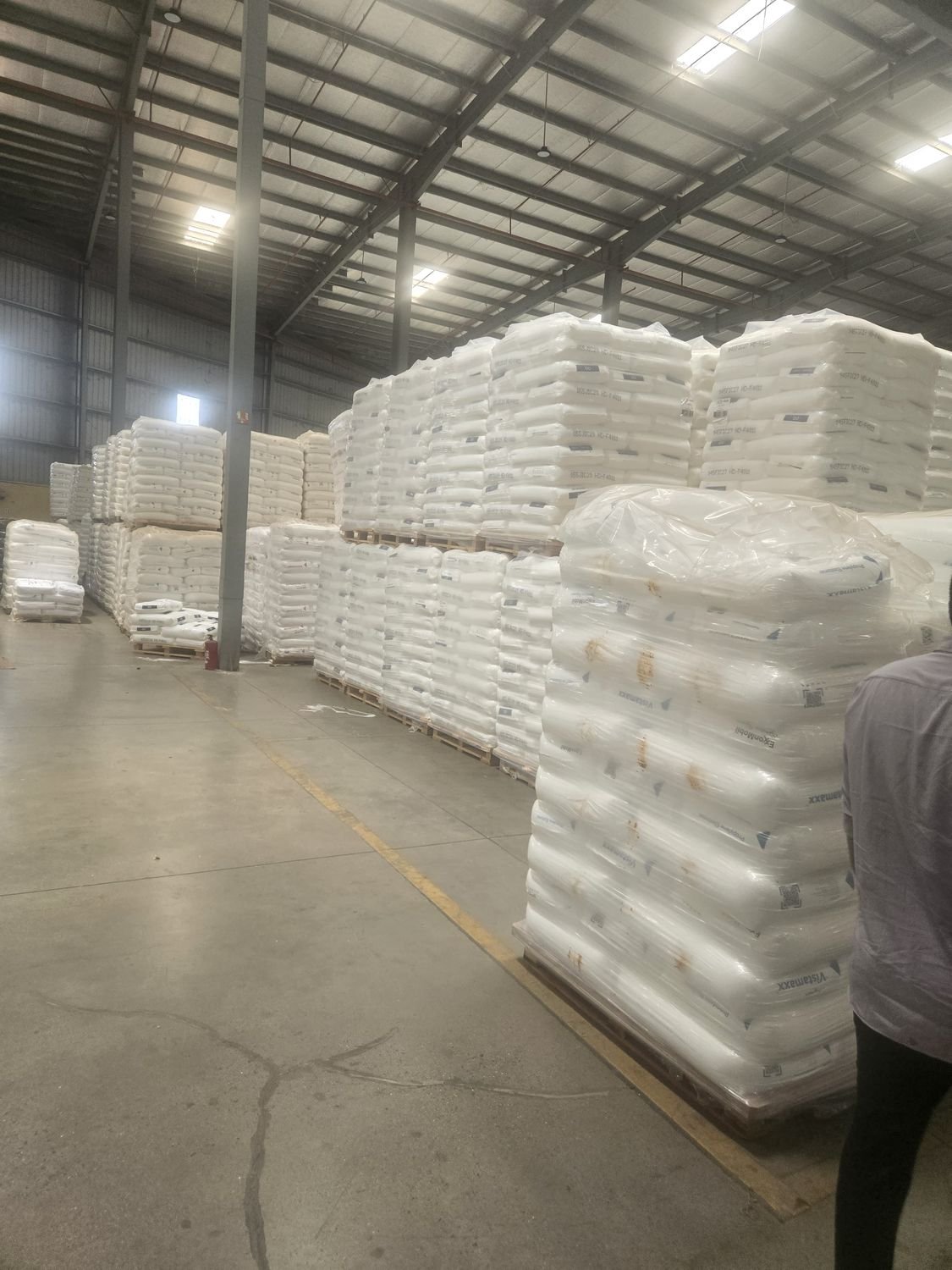 Wide aisles through bagged-goods storage