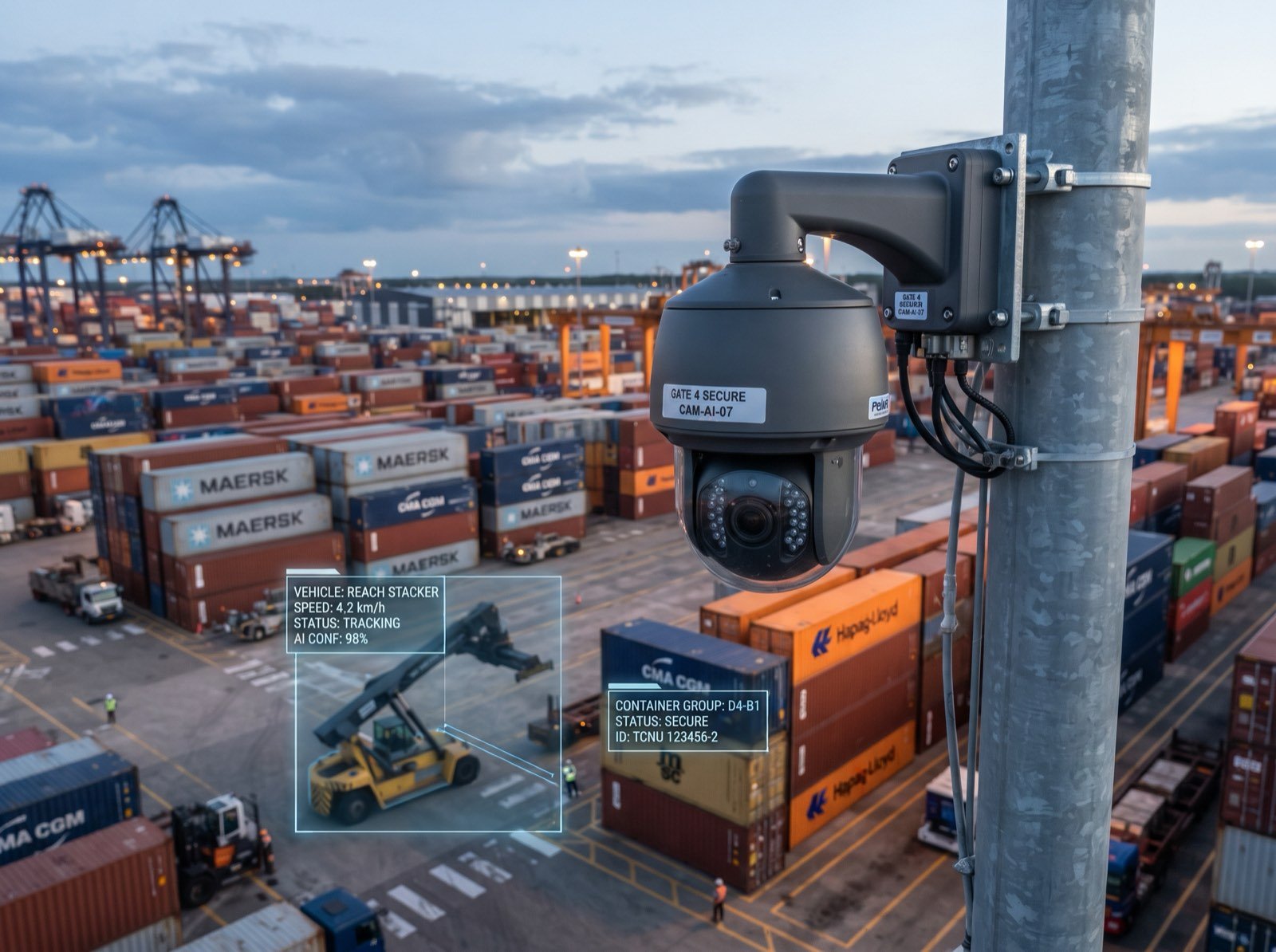 CCTV camera watching over stacked containers in the yard