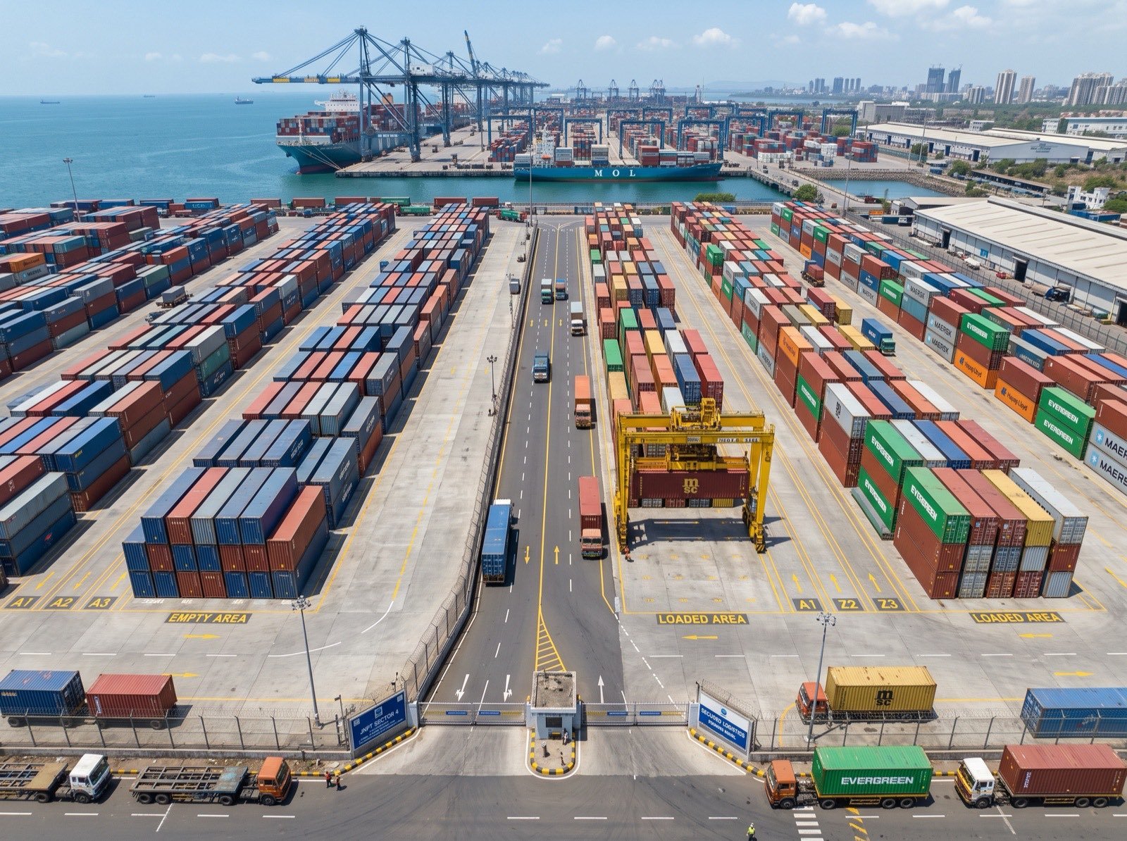 Logistics yard near the port with staged containers