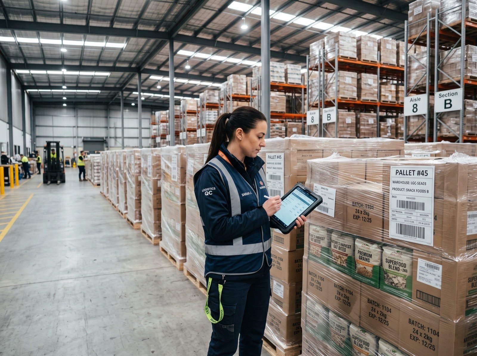 Inspector checking packaged goods for quality before dispatch
