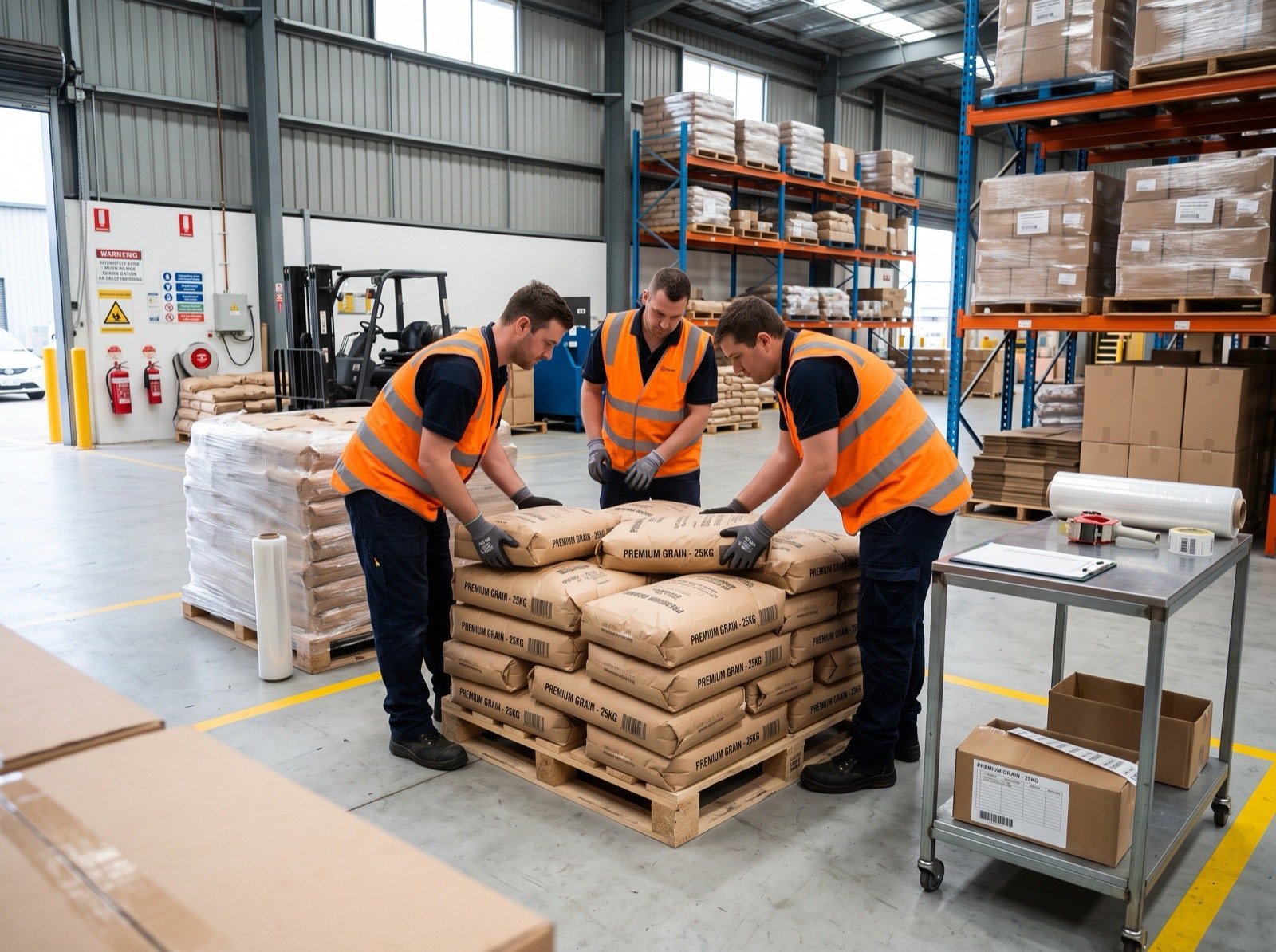 Team stacking finished bags onto pallets for dispatch