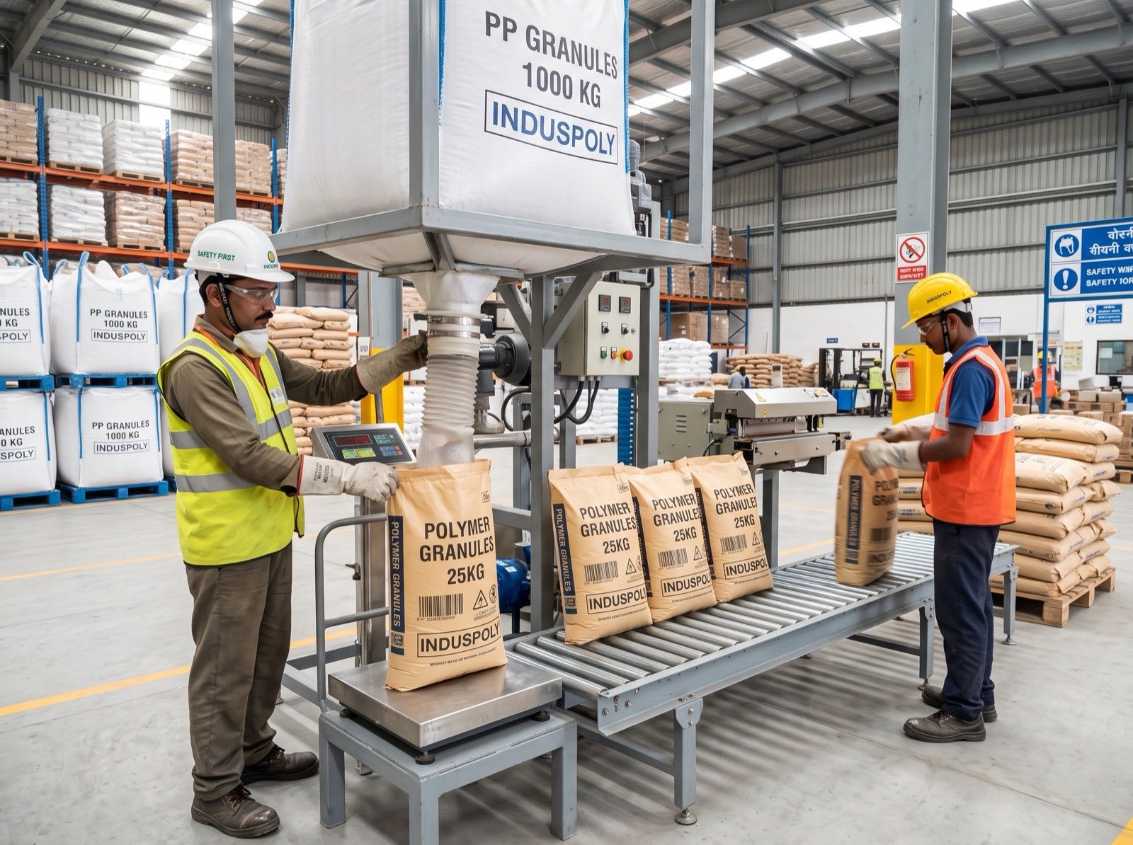 Warehouse workers transferring product between packaging formats