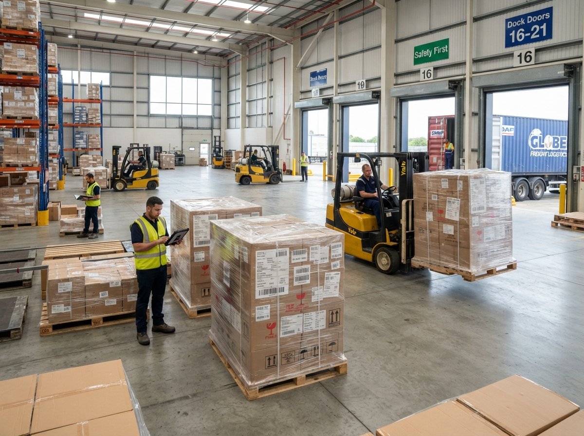 Warehouse crew preparing export cargo for shipment