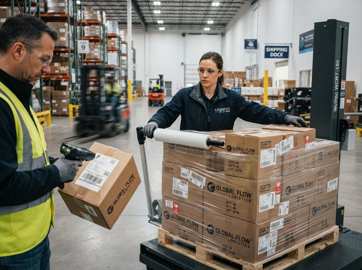 Warehouse operators applying labels to packaged cargo